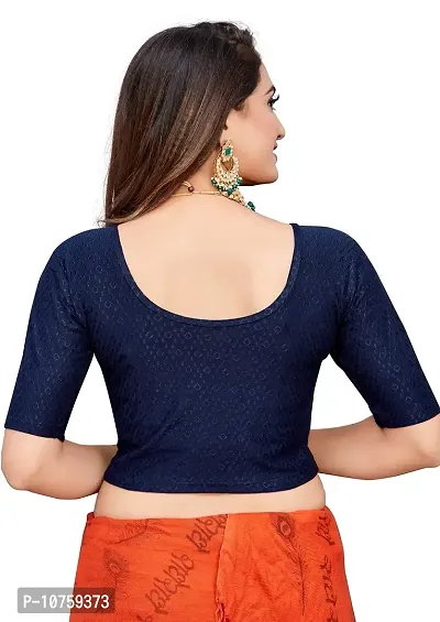 Shespire Round Neck Dobby Cotton Lycra Stretchable Elbow Sleeve Readymade Saree Blouse for Women Stylish (FREE-SIZE-32-36, Navy Blue)-thumb2