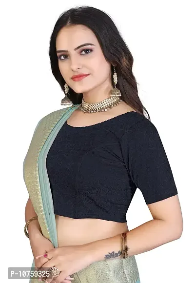 Shespire Round Neck Cotton Lycra Stretchable Elbow Sleeve Readymade Saree Blouse for Women Stylish (34, Navy Blue)-thumb3