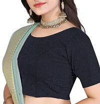 Shespire Round Neck Cotton Lycra Stretchable Elbow Sleeve Readymade Saree Blouse for Women Stylish (34, Navy Blue)-thumb4