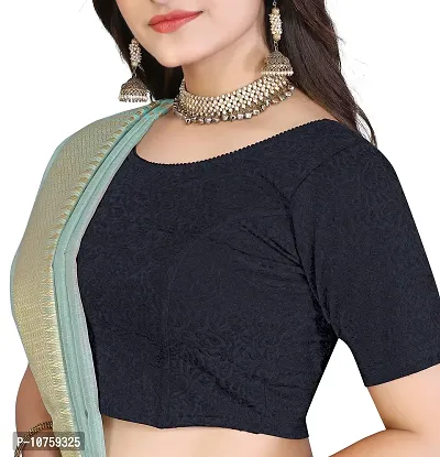 Shespire Round Neck Cotton Lycra Stretchable Elbow Sleeve Readymade Saree Blouse for Women Stylish (34, Navy Blue)-thumb5