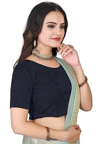 Shespire Round Neck Cotton Lycra Stretchable Elbow Sleeve Readymade Saree Blouse for Women Stylish (34, Navy Blue)-thumb1