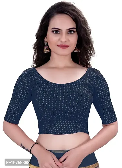 Shespire Round Neck Due Drop Stretchable Elbow Sleeve Readymade Saree Blouse for Womens Stylish (XL, Navy Blue)