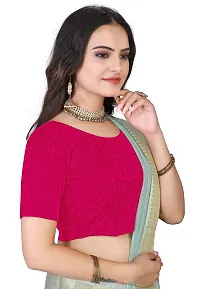 Shespire Round Neck Cotton Lycra Stretchable Elbow Sleeve Readymade Saree Blouse for Women Stylish (L, Rani)-thumb1