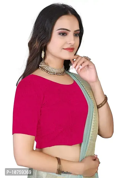 Shespire Round Neck Cotton Lycra Stretchable Elbow Sleeve Readymade Saree Blouse for Women Stylish (L, Rani)-thumb2