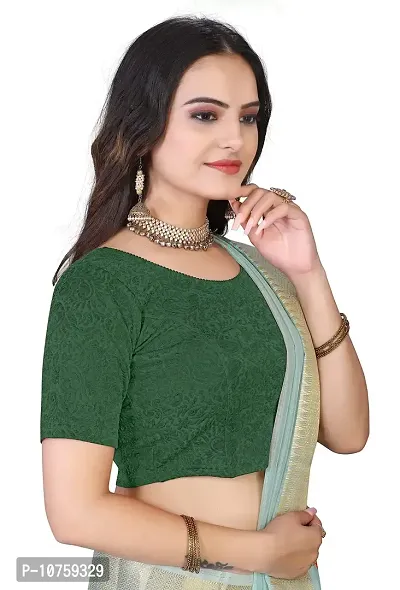 Shespire Round Neck Cotton Lycra Stretchable Elbow Sleeve Readymade Saree Blouse for Women Stylish (32, Green)-thumb2