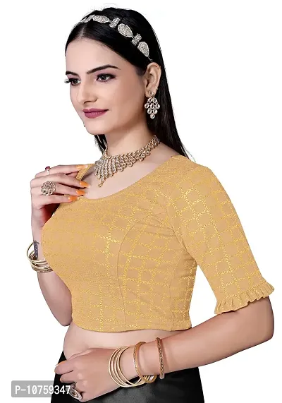 Shespire Round Neck Readymade Stretchable Blouse with Frill Design ON Sleeves (XXL, CHIKU)-thumb3