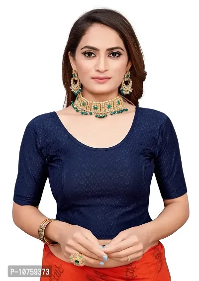 Shespire Round Neck Dobby Cotton Lycra Stretchable Elbow Sleeve Readymade Saree Blouse for Women Stylish (FREE-SIZE-32-36, Navy Blue)-thumb0