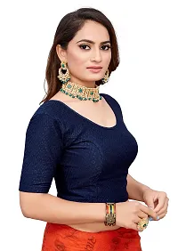 Shespire Round Neck Dobby Cotton Lycra Stretchable Elbow Sleeve Readymade Saree Blouse for Women Stylish (FREE-SIZE-32-36, Navy Blue)-thumb2