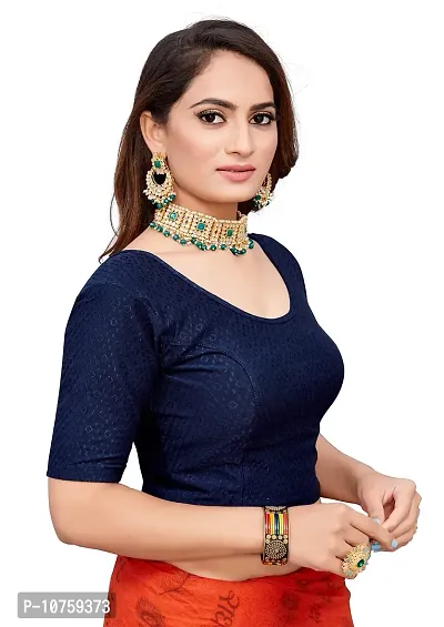 Shespire Round Neck Dobby Cotton Lycra Stretchable Elbow Sleeve Readymade Saree Blouse for Women Stylish (FREE-SIZE-32-36, Navy Blue)-thumb3