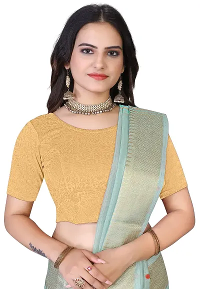 Round Neck Cotton Lycra Stretchable Elbow Sleeve Readymade Saree Blouse for Women Stylish