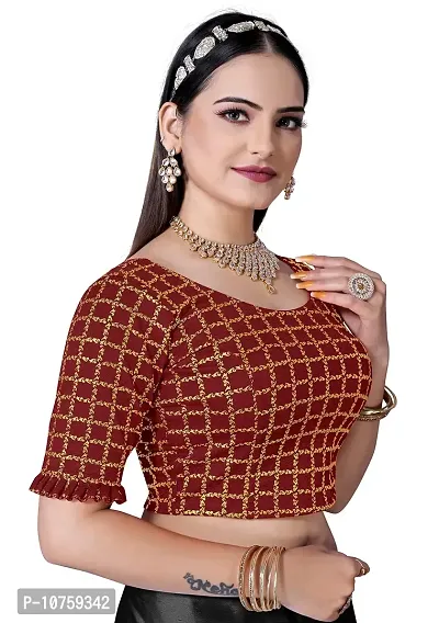 Shespire Round Neck Readymade Stretchable Blouse with Frill Design ON Sleeves (34, Maroon)-thumb2