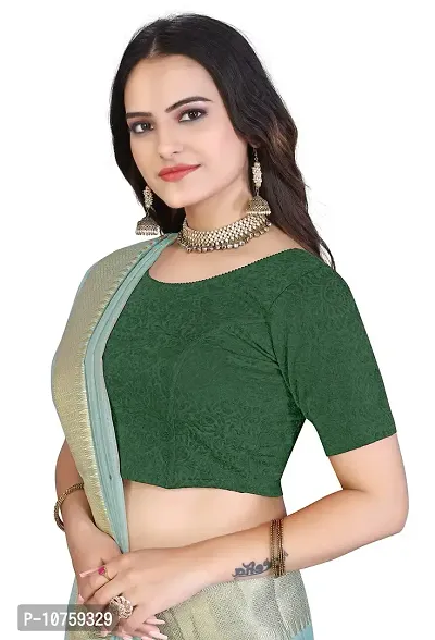 Shespire Round Neck Cotton Lycra Stretchable Elbow Sleeve Readymade Saree Blouse for Women Stylish (32, Green)-thumb3