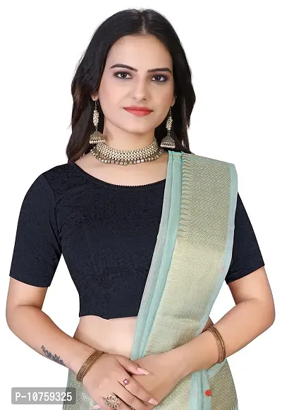 Shespire Round Neck Cotton Lycra Stretchable Elbow Sleeve Readymade Saree Blouse for Women Stylish (34, Navy Blue)-thumb0