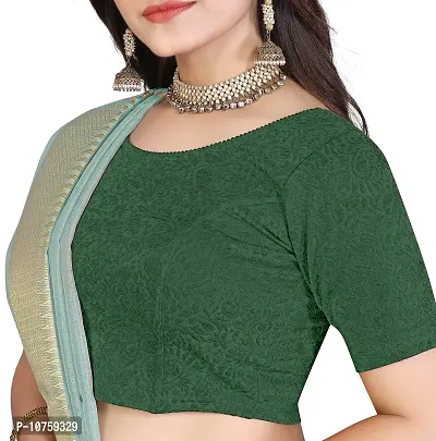 Shespire Round Neck Cotton Lycra Stretchable Elbow Sleeve Readymade Saree Blouse for Women Stylish (32, Green)-thumb5