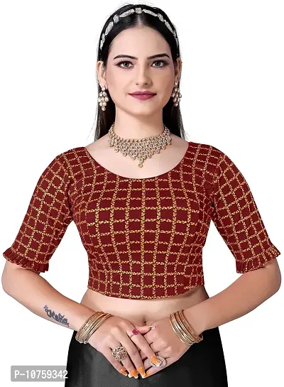 Shespire Round Neck Readymade Stretchable Blouse with Frill Design ON Sleeves (34, Maroon)