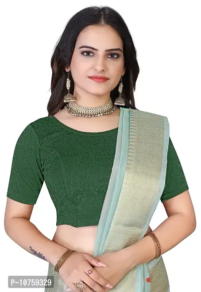 Shespire Round Neck Cotton Lycra Stretchable Elbow Sleeve Readymade Saree Blouse for Women Stylish (32, Green)