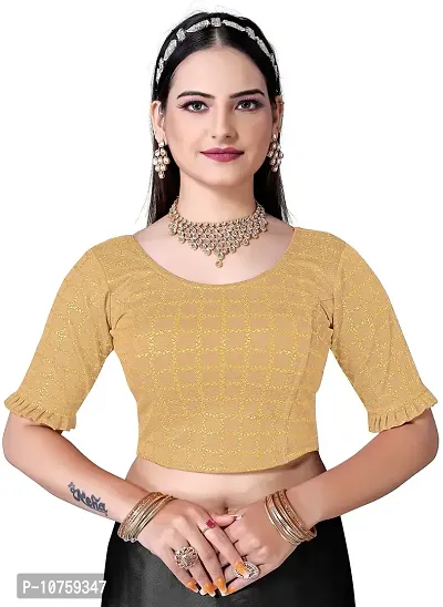 Shespire Round Neck Readymade Stretchable Blouse with Frill Design ON Sleeves (XXL, CHIKU)