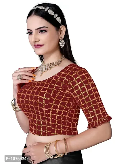 Shespire Round Neck Readymade Stretchable Blouse with Frill Design ON Sleeves (34, Maroon)-thumb3