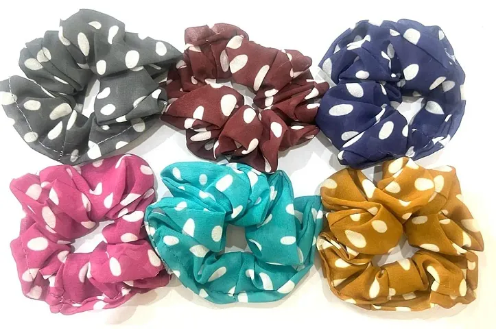 DEEGLO ?Latest Chiffon Scrunchies Hair Bands for Women (Pack of 6) (Polka dots)