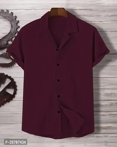 Reliable Maroon Polyester Blend Solid Short Sleeves Casual Shirts For Men-thumb0