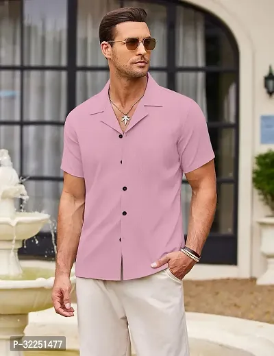 Stylish Pink Cotton Blend Solid Short Sleeves Shirt For Men-thumb0