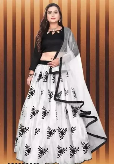 EMZO Women's Satin Solid Full Sleeve Semi-Stitched Lehenga, Choli Dupatta Set - Size : Free Size [EMZ-1027-White]