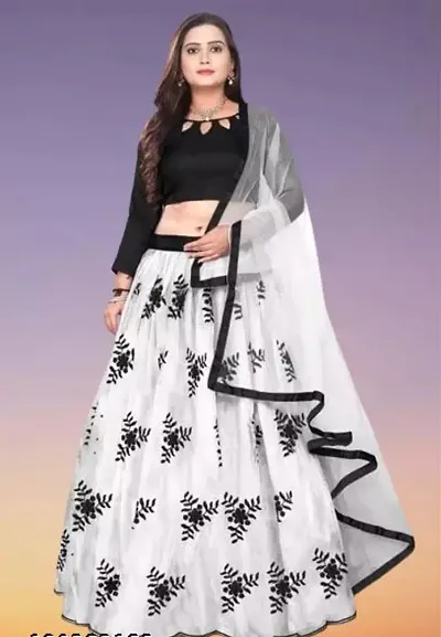 EMZO Women's Satin Solid Full Sleeve Semi-Stitched Lehenga, Choli Dupatta Set - Size : Free Size [EMZ-1027-White]