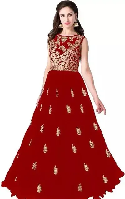 Stylish Net Embroidered Round Neck Gown For Women