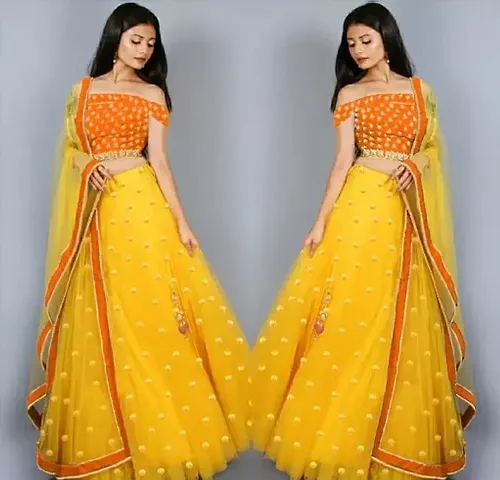 EMZO Women's Satin Solid Off Shoulder Semi-Stitched Lehenga, Choli Dupatta Set - Size : Free Size [EMZ-1012-Yellow Orange]