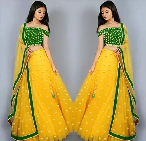 EMZO Women's Satin Solid Off Shoulder Semi-Stitched Lehenga, Choli Dupatta Set - Size : Free Size [EMZ-1006-Yellow Black]