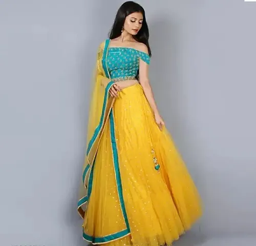 Nena Fashion Women's Net Semi-Stitched Lehenga Choli (Lehengha Choli For Womens_Yellow_Free Size)