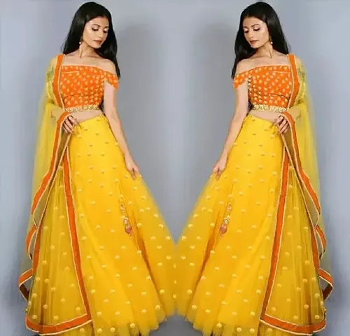 EMZO Women's Satin Solid Off Shoulder Semi-Stitched Lehenga, Choli Dupatta Set - Size : Free Size [EMZ-1012-Yellow Orange]