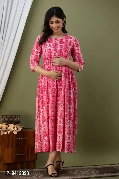 pink and white coloured with flowers printed maternity feeding gown-thumb0