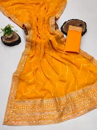 Stylish Golden Georgette Embroidered Saree with Blouse piece for Women-thumb1