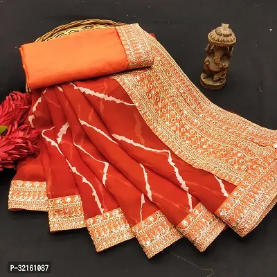 Stylish Orange Georgette Embroidered Saree with Blouse piece for Women