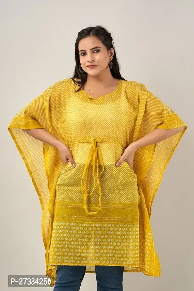 Elegant Yellow Printed Cotton Kaftan Kurta For Women