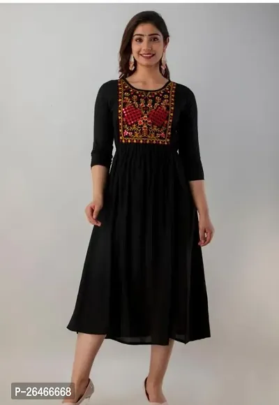 Stylish Black Rayon Anarkali Embroidered Stitched Kurti For Women-thumb0