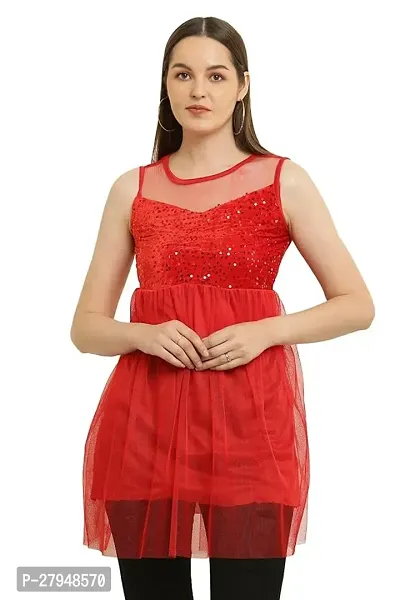 Stylish Red Lace Solid Above Knee Length Dresses For Women