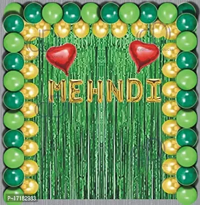 ARYAN BALOON Mehndi Ceremony Decoration Pack of 50 Pcs Kit contains 1 Mehndi Foil 2 Green Curtains 45 Balloons (15 Gold Metallic, 15 Dark Green Latex  15 Light Green Latex)-thumb0