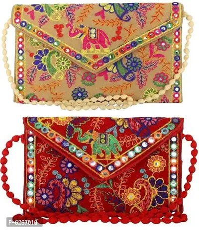 Womens Rajasthani Jaipuri Handmade Sling Bag with Banjara Embroidered Handbag Set Of 2