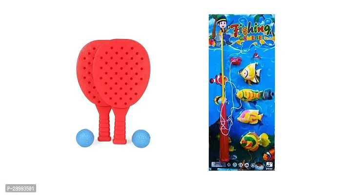 Plastic Sports Playing Lawn Tennis Badminton Set for Children and Fishing Game Series Toy for Kids with 1 Fishing Rod and Colorful Fishes Pack of 2