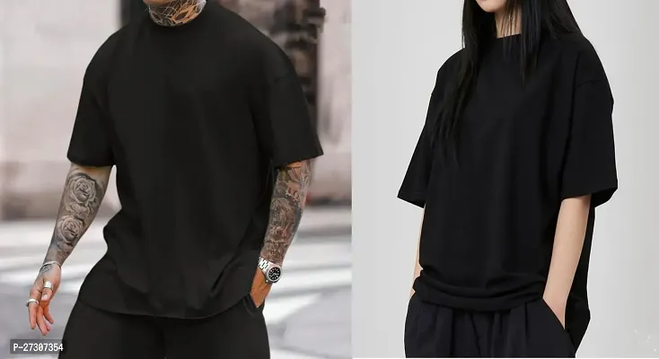 Reliable Black Cotton Blend Solid Couple Tshirt