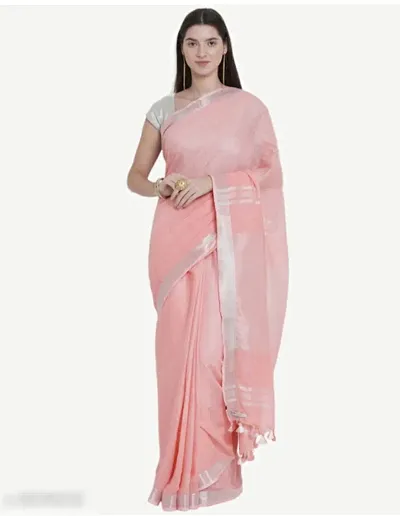Elegant Linen Cotton Saree With Silver Zari And Blouse Piece