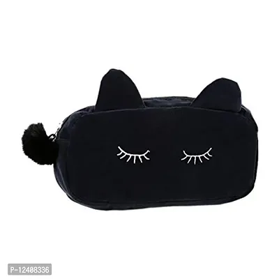 Awestuffs Portable Cat shaped Imported Storage Case Travel Makeup Flannel Pouch Cosmetic Bag (Black)-thumb0