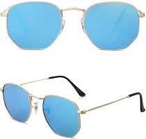 Awestuffs Swoon Hexagonal Polarized Sunglasses Men Women Geometric Square Vintage Metal Frame Glasses (Gold Frame/Blue Lens) - Pack of 1-thumb1