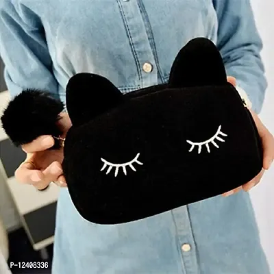 Awestuffs Portable Cat shaped Imported Storage Case Travel Makeup Flannel Pouch Cosmetic Bag (Black)-thumb4