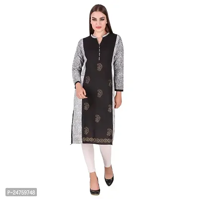 Fajabee Women's Black Cotton Printed Round Neck Straight Kurti-thumb0