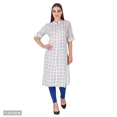 Fajabee Women's White Rayon Printed Round Neck Straight Kurti