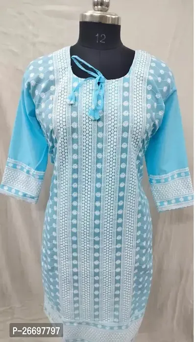 Stylish Straight Turquoise Embroidered Cotton Kurta For Women