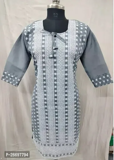 Stylish Straight Grey Embroidered Cotton Kurta For Women